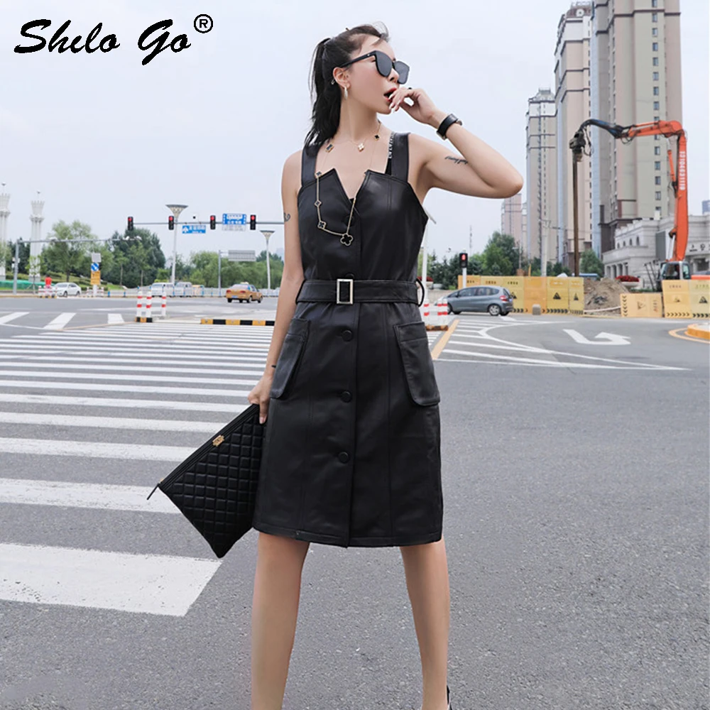 Genuine Leather Dress Highstreet V Neck Buckle Belted Single Breasted Dress Women Autumn Strap Sleeveless Side Pocket Dresses