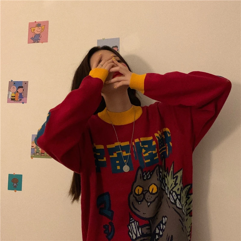 Японский свитер женский Зимний Harajuku Мультфильм BF Забавный с капюшоном о-образным вырезом модный Свободный Повседневный женский свитер