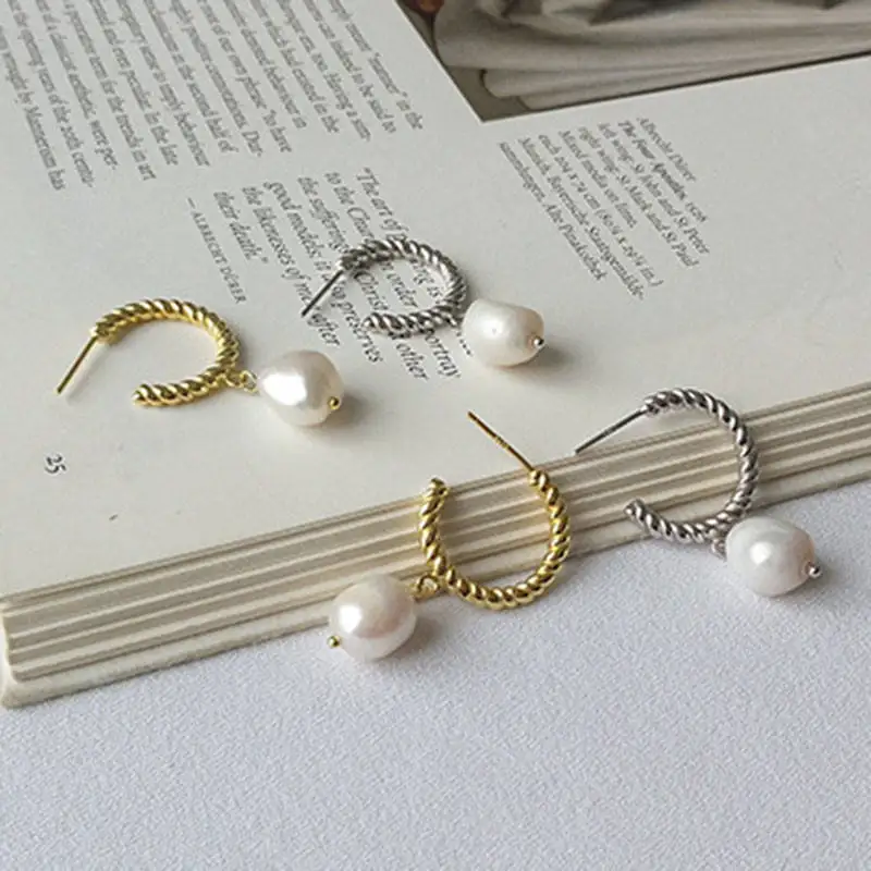 INZATT Real 925 Sterling Silver Geometric Baroque Pearl Drop Earrings For Fashion Women Party Cute Fine Jewelry Accessories