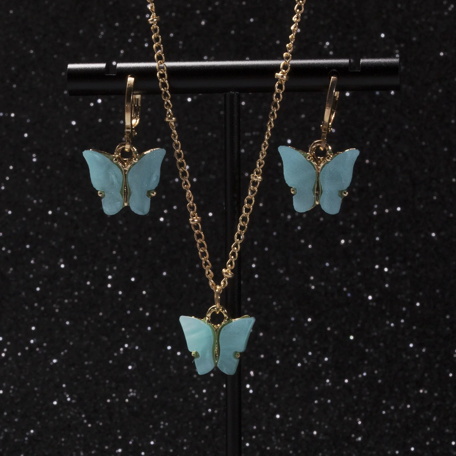 Acrylic Butterfly Earrings Pendant Necklaces Combination Set Japan and South Korea Sweet Style Alloy Chain Butterfly Jewelry Set