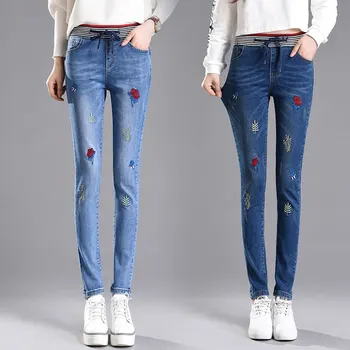 

2019 new large size women's embroidered elastic waist high waist jeans slim feet pants denim trousers women