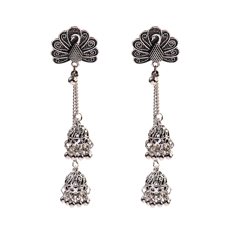 Silver Этнические женские золотые длинные висячие серьги с павлином Jhumka индийские серьги Винтажные серьги с фонариком и кисточками дворца Orecchini Donna - Окраска металла: Silver