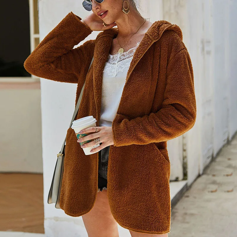 Faux Fur Coat Women Autumn Casual Long Sleeve Soft Teddy Coat Hooded Fleece Jacket with Pockets Outerwear Overcoat Tops