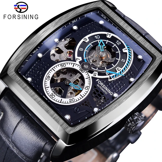 Forsining Black Dial Waterproof Automatic Mechanical Watch Skeleton Rectangle Military Watches With Bule Pointer Genuine Leather GMT1209-4