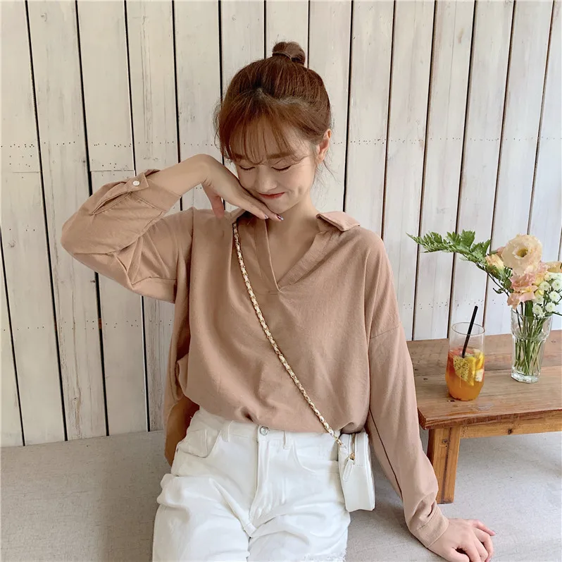Blusas mujer de moda рубашки с длинными рукавами с кружевным бантом однотонные простые v-образные вырезы и блузки женская одежда vetement femme женские