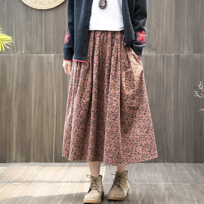 Spring Autumn Arts Style Elastic Waist Cotton Linen A-line Long Skirt Women Loose Casual Vintage Floral Skirt high quality S364 2
