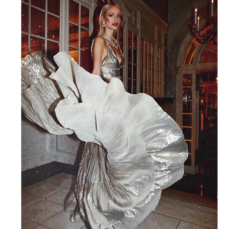 

Sexy Silver Maxi Dress Deep V Spaghetti Strap Backless Drapped Gown Dress Elegant Sequined Floor Length Women Dress Vestidos