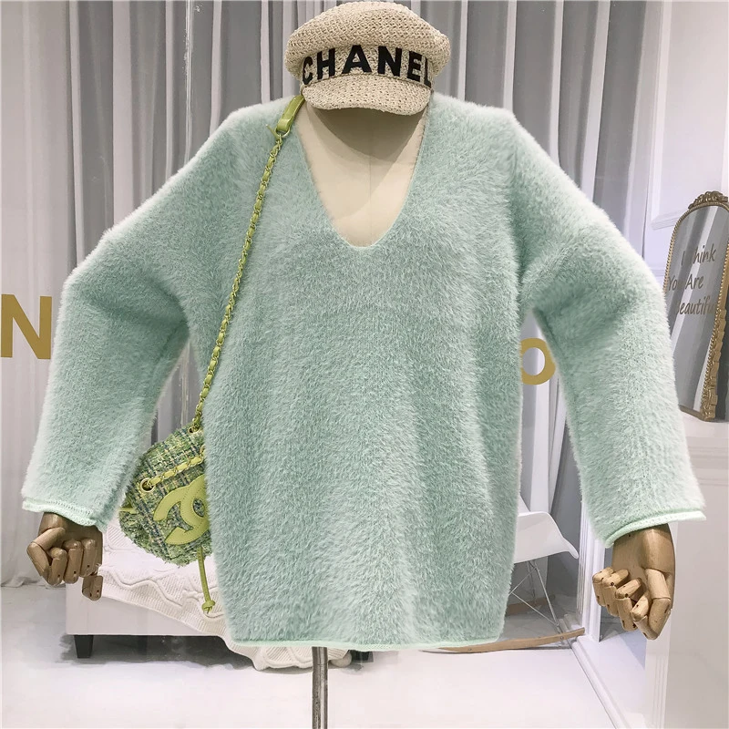 

High Street V-Neck Mink Cashmere Knit Sweater Female Solid Womens New Arrival Sweaters New Year's Sweater for Women green