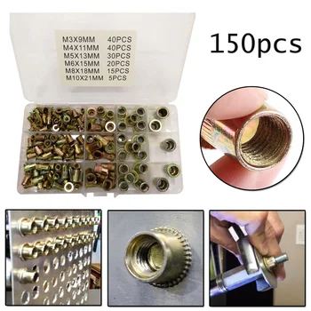

150pcs Rivet Nut Kit Metric Rivnut Nutsert Flat Type Assorted M3 M4 M5 M6 M8 M10 Auto Car Handheld Disassembly Tool