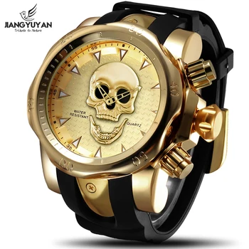 

JIANGYUYAN Cool Big Dial 3D Skull Watch Men Gold Silicone Strap Wristwatch Mens Watches Top Brand Luxury Casual Quartz Clock Men