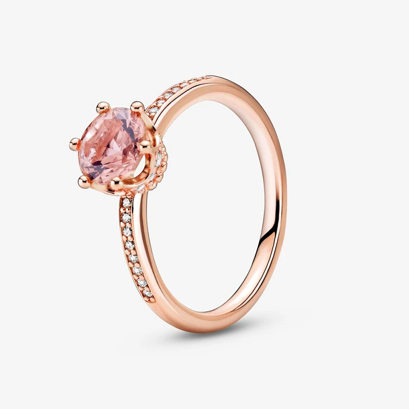 

925 Sterling Silver 2020 New Autumn Pink Sparkling Crown Solitaire Ring For Women Brand Original Rings Jewelry Gift