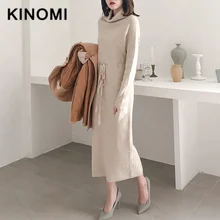 KINOMI осень-зима, женское платье-свитер, водолазка, длинный рукав, шнуровка, талия, вязанное, Vestidos, средней длины, женское вязаное платье