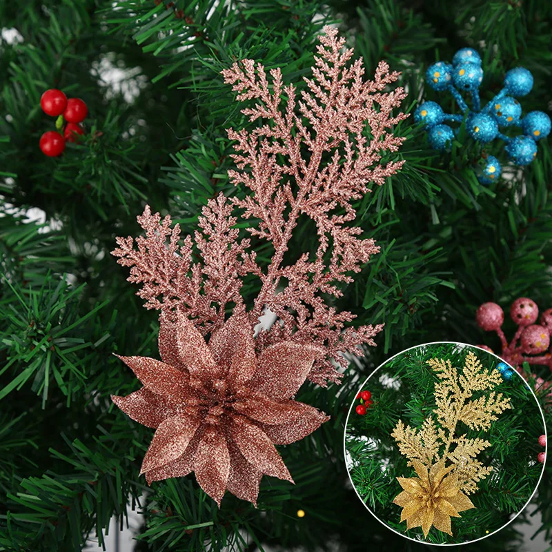 Glitter Gold Artificial Christmas Flowers Xmas Tree Decorations