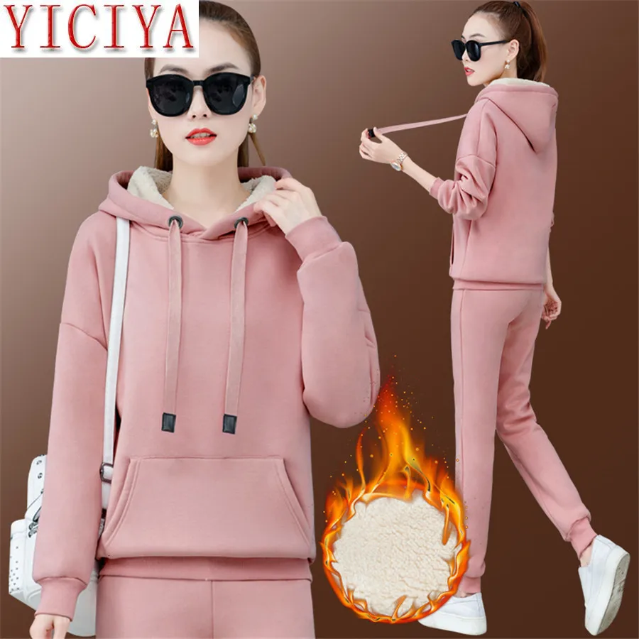 Pink Velvet 2 Piece Set Tracksuit Women Outfits Hoodies Top And Pant Suit Plus Size Large Warm Thick Matching Sets Winter Fall