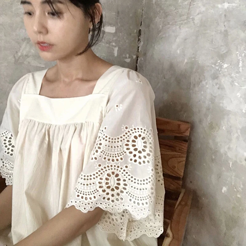Embroidery Straight Dress Women Hollow Out Cotton Vintage Summer Long Maxi Dress Plus Size Loose Square Neck Flare Sleeve Dress