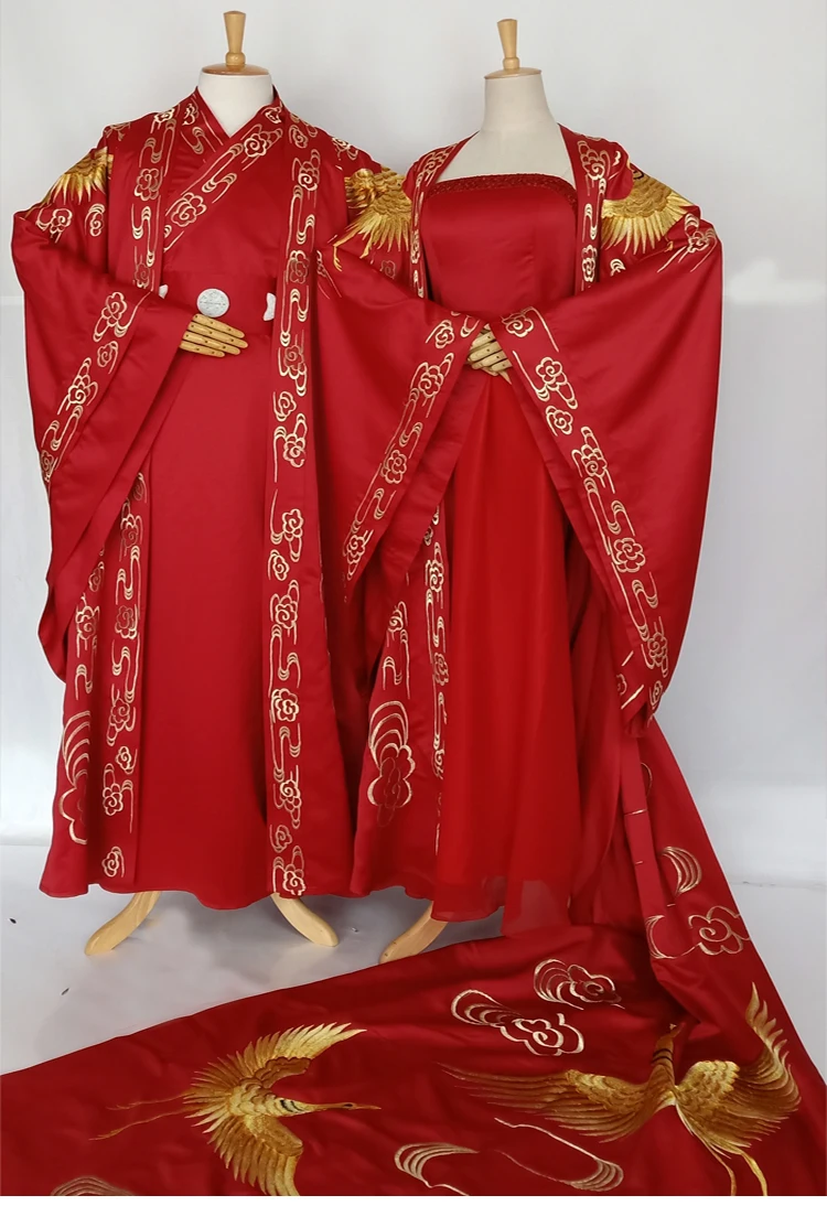 Traditional Chinese Wedding Hanfu Costume Sets for Bride and Groom Red with Golden Embroidery Phoenix Long Tailed Hanfu