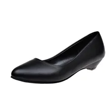 Preto de salto baixo couro do plutônio obras sapatos mulher profissional sapatos femininos cabeça redonda bombas cunha sapatos femininos tamanho grande wsh3181