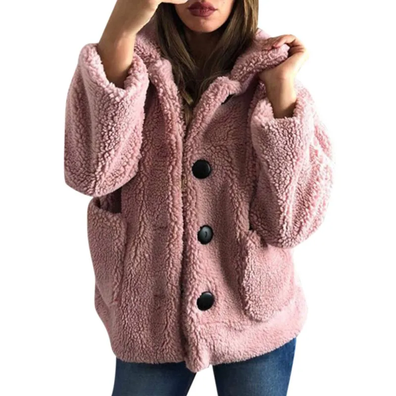 Pink Женские зимние куртки, теплое пальто, куртка, плюш, темперамент, Свободное пальто на пуговицах, однотонный цвет, длинный рукав, куртка с отворотом, универсальная верхняя одежда - Цвет: Pink