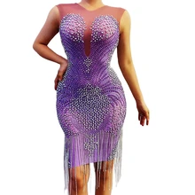 

Sparkly Rhinestones Silver Beaded Fringes Women Dresses Skinny Elastic Short Dresses DJ Singer Dance Stage Wear Nightclub Outfit