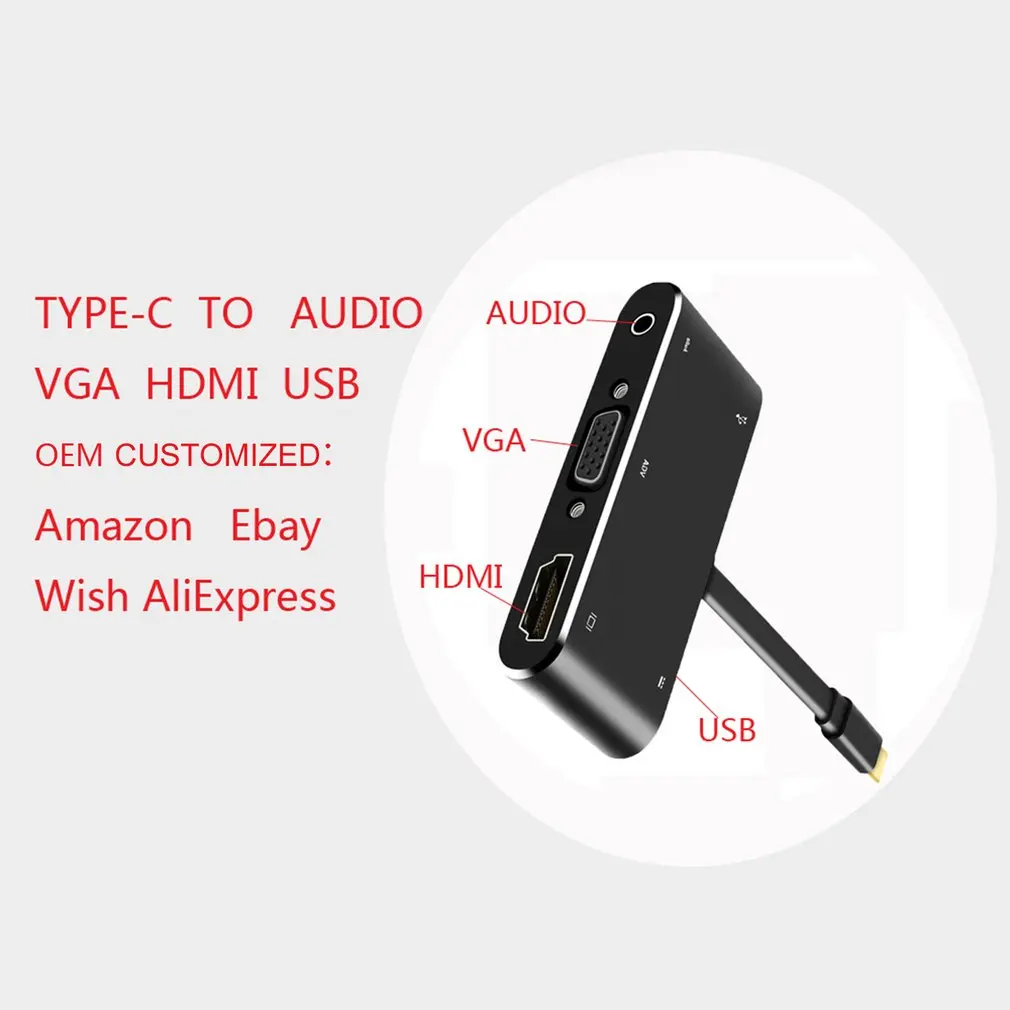 Концентратор USB type C адаптер 4K type-C для HDMI/VGA/3,5 мм аудио разъем/USB 3,0 порт/PD конвертер для ноутбука ПК компьютер