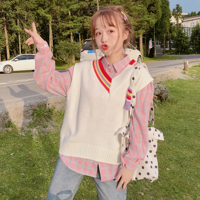 Жилеты женские с v-образным вырезом в полоску Kawaii Harajuku корейский стиль трикотажные студенческие простые универсальные повседневные женские пуловеры шикарные Горячие - Цвет: 24