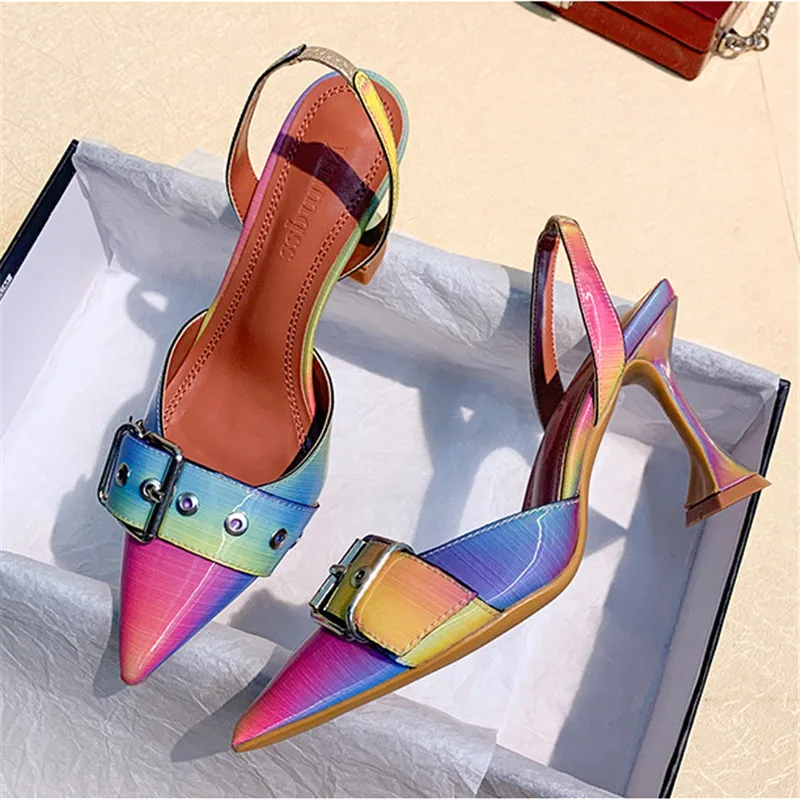Women's Sandals 2020 Summer Pointed Toe Belt Buckle High Heels Sandals Shoes Woman Sexy Stitching Color Wine Glass Heel Sandals (9)