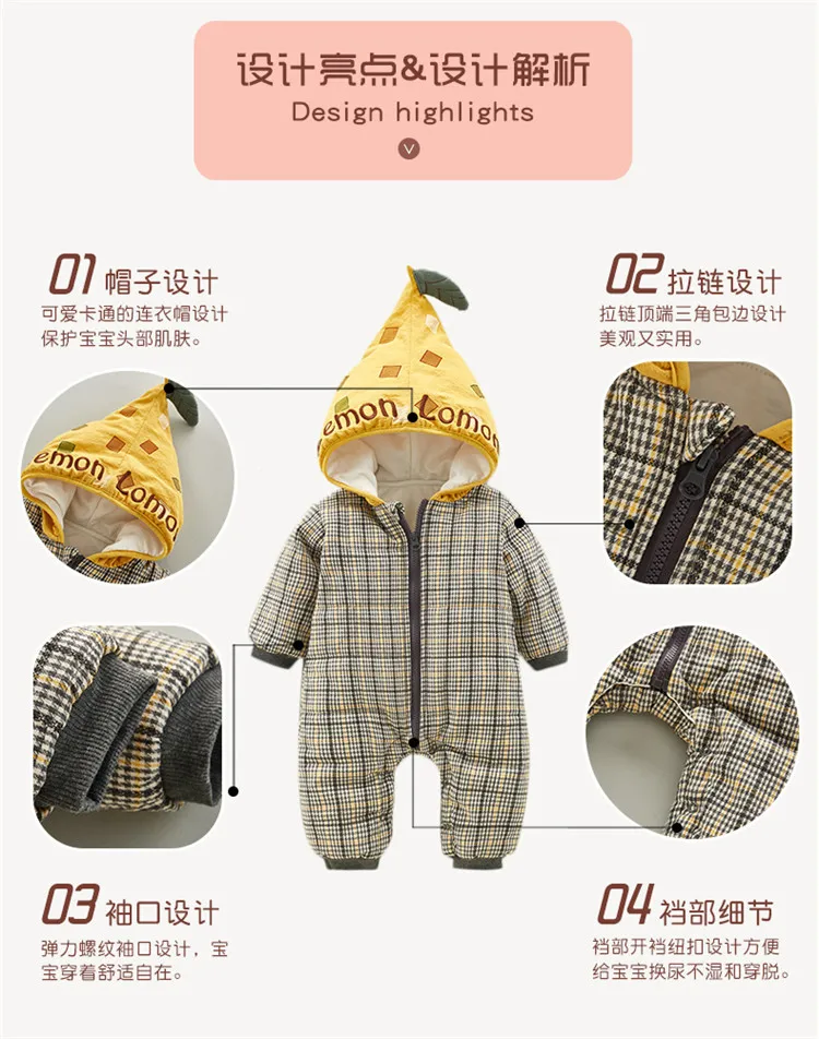 0-18 months Baby winter clothes baby girl Romper jumpsuit thick striped plaid hooded Infant boy jumpsuit baby clothing for girl