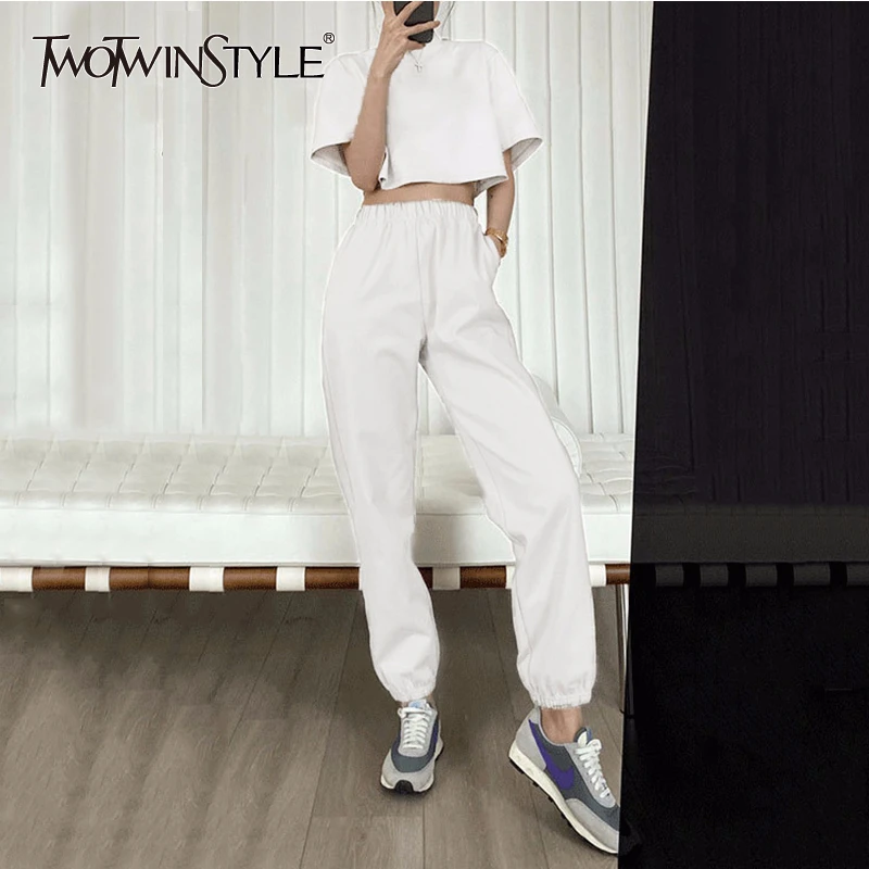 TWOTWINSTYLE Casual Women Two Piece Set O Neck Short Sleeve Corp Top High Waist Loose Ankle-Length Pants Summer Suit Female Tide TWOTWINSTYLE Casual Women Two Piece Set O Neck Short Sleeve Corp Top High Waist Loose Ankle-Length Pants Summer Suit Female Tide