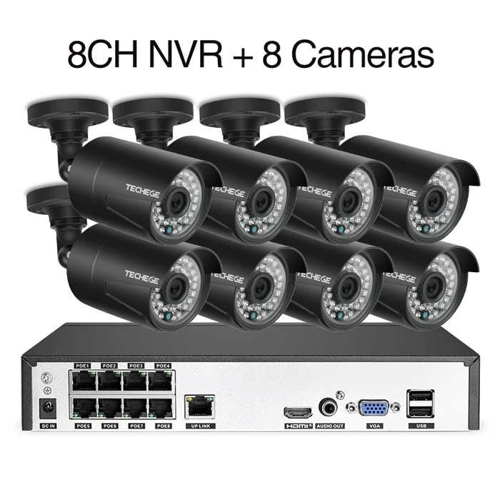 8pcs cameras Techege H.265 8CH NVR 48 в POE 1080P CCTV система 2MP IP камера Аудио запись ИК водонепроницаемый датчик движения система безопасности - Цвет: 8pcs cameras