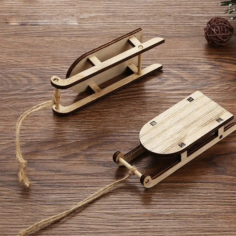 3pcs Christmas Tree Hanging Ornaments Mini Sleighs Miniature Wooden Kit Tabletop Wood Party Decoration | Дом и сад