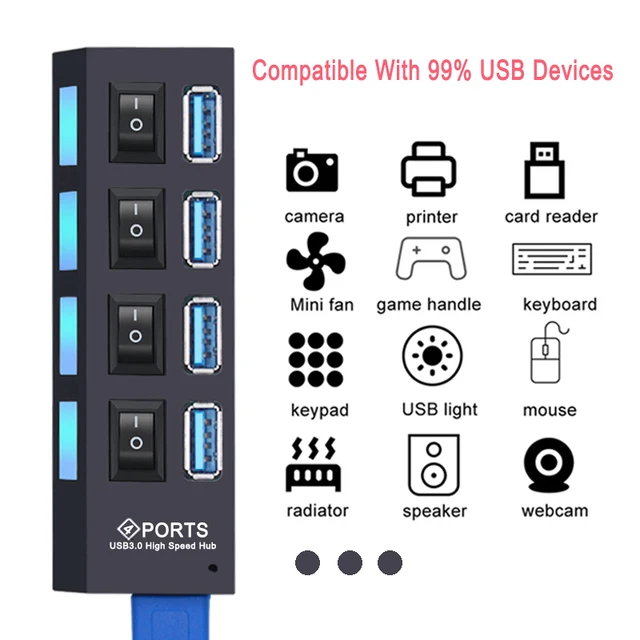 USB Hub 3,0 Hub USB 3 USB 2,0 Multi USB divisor adaptador de corriente 4/7 puertos expansor múltiple 2,0 con interruptor para accesorios de PC 3