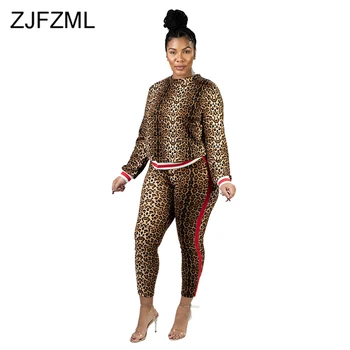 

Plus Size Leopard Print Two Piece Sweatsuit Women O Neck Long Sleeve Top and Bandage Pant Club Outfit Autumn Winter Matching Set
