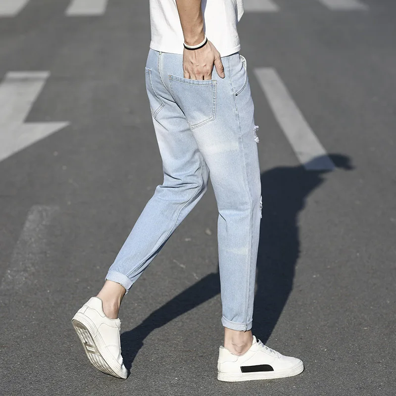 Flash Sale Spring and autumn fashion men's cotton and linen stretch jeans trousers loose holes denim street Korean tight skinny pants