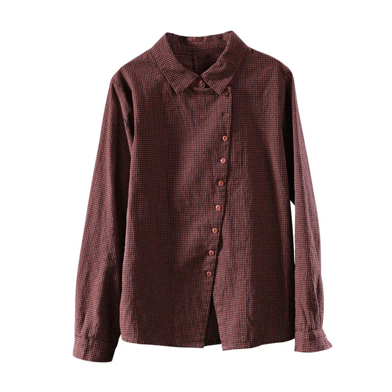 Vintage Cotton Linen Shirts Women's Blouses Plaid Cloths Spring Lapel Collar Long Sleeve Button Casual Shirts AA166S30