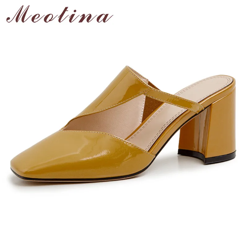 

Meotina High Heels Women Pumps Natural Genuine Leather Chunky High Heel Mules Shoes Cow Leather Cutout Square Toe Shoes Lady 40