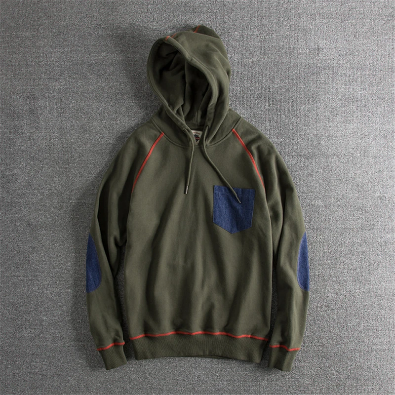 Japanese Harajuku Elbow Patch Hoodie for Men Urban Boys Streetwear Denim Patchwork Pocket Hooded Sweatshirt Plus Size