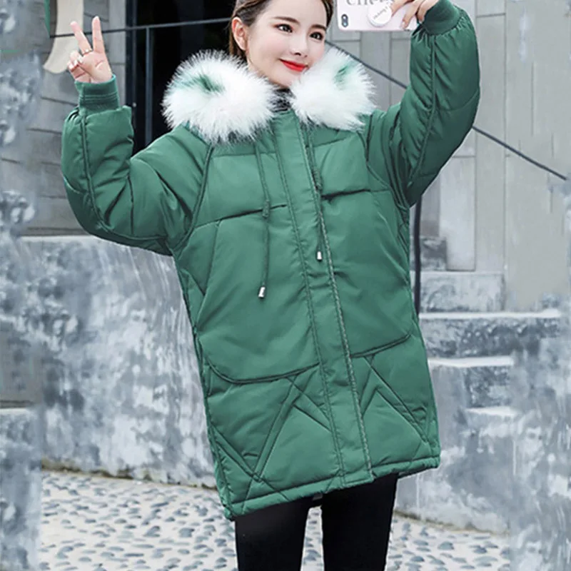 2019 новое зимнее модное женское свободное цветное пальто с меховым воротником и капюшоном теплое пуховое хлопковое пальто большого размера