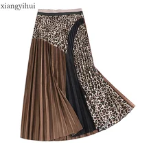 Ретро винтажная Женская леопардовая юбка эластичная с высокой талией Осенняя плиссированная Женская трапециевидная Макси-пачка женская повседневная одежда SKT903