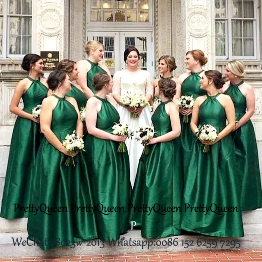 Зеленый Зеленые атласные Длинные свадебные платья свадебное платье для гостей для женщин сексуальное Haler A line цена Vestido Madrinha - Цвет: Зеленый