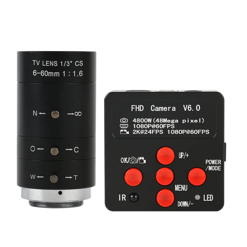 2K 1080P 48MP Digital Video Microscope Camera 6 60mm Zoom CS C Mount