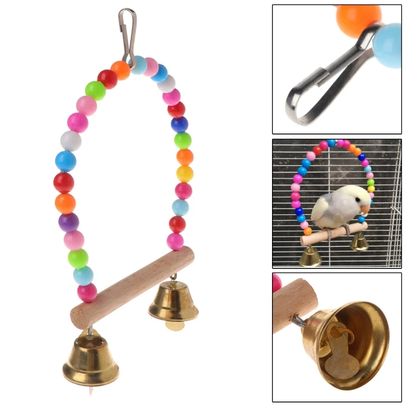 Natural Wooden Birds Perch Parrots Hanging Swing Cage With Colorful Beads Bells C90D