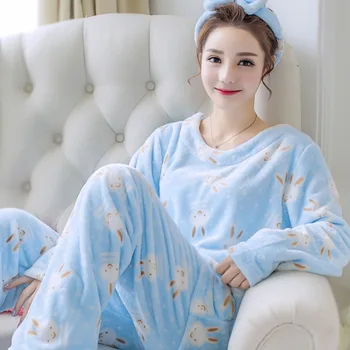 

Cartoon Coral Pajamas Set Long Sleeve Women Cute Shirt &Pant Sleep Set Winter Flannel Sleepwear Girl 2PCS Pijamas Suit Nightgown