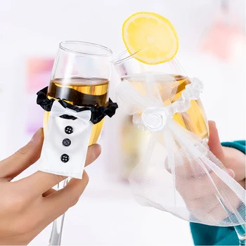 

Lovely Bride Groom Dress Shaped Wine Glass Cover Wedding Bridal Champagne Cup Cover DIY Party Decoration