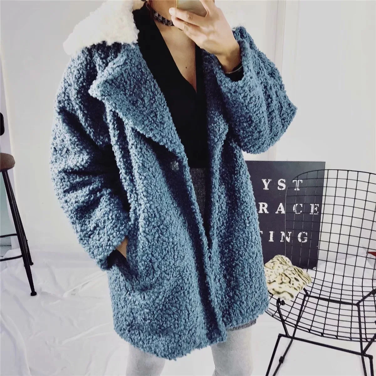 AliExpress Ebay2018 осень и зима стиль Европа и Америка женское платье двухцветный эффект воротник пушистое пальто Versit