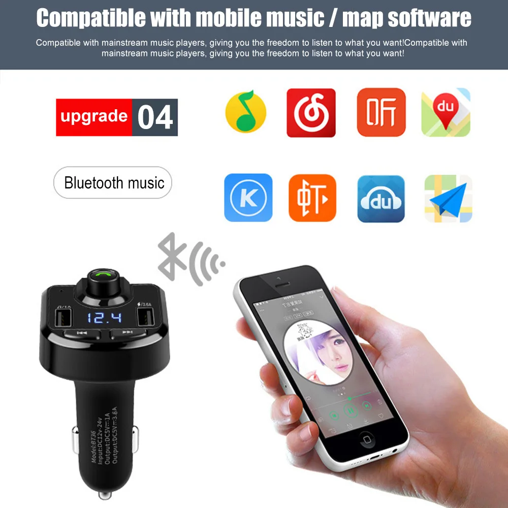 Беспроводной автомобильный комплект Bluetooth 5,0, fm-передатчик, Автомобильный MP3-плеер A, быстрая зарядка, двойное зарядное устройство USB, поддержка TF карты