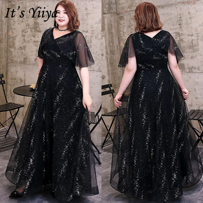 

It's Yiiya Formal Dress Half Sleeve V-Neck A-Line Floor-Length Plus Size Dress Woman Party Sequined Crepe Robe De Soiree DX005