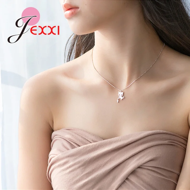 

Fashion 925 Sterling Silver Smooth Surface Cute Little Cat Catching Fish Shape Pendant For Women Chain Necklace Fine Jewelry