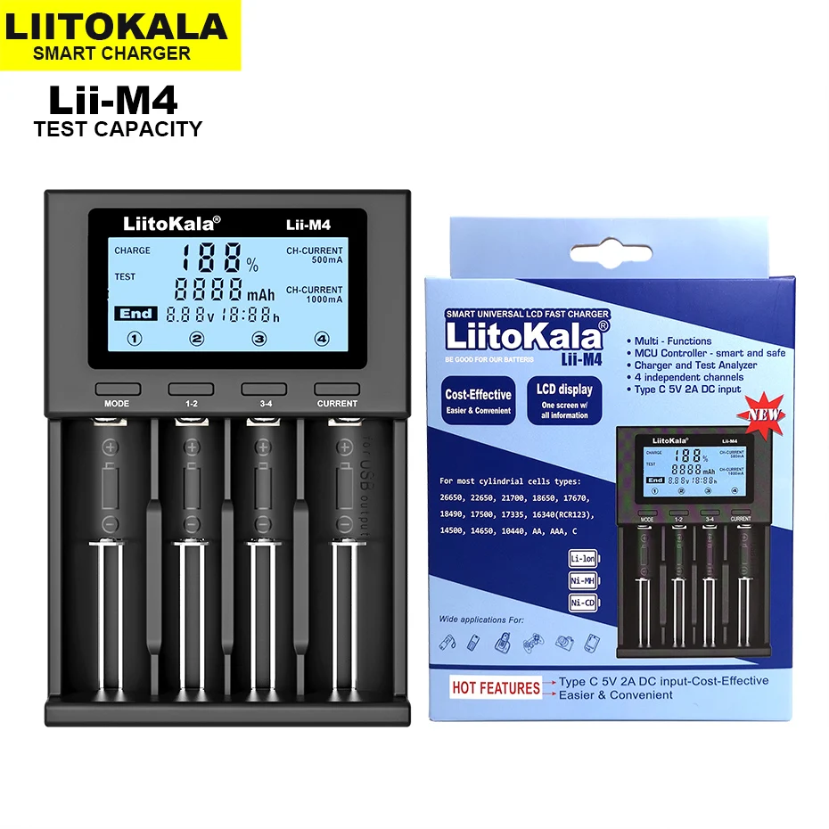 

Hot LiitoKala Lii-M4 18650 ЖК-дисплей универсальное умное зарядное устройство с тестовой емкостью для 3,7 в 1,2 в 26650 18650 21700 18500 AA AAA 4 слота
