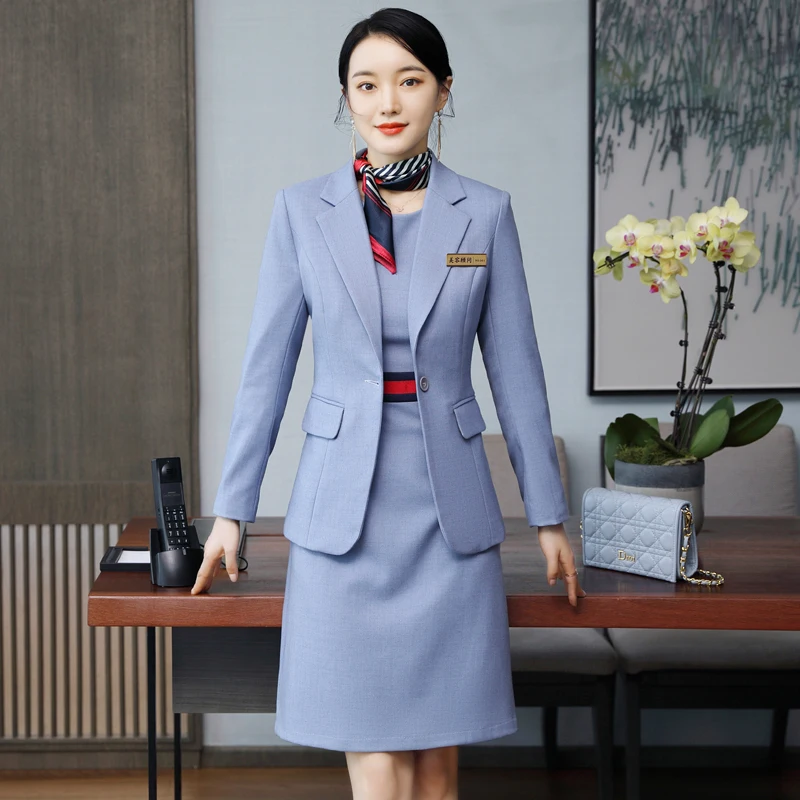 

Autumn 2020 blue coat and dress women's office suit two piece dress work dress women's office dress blazer dress plus size