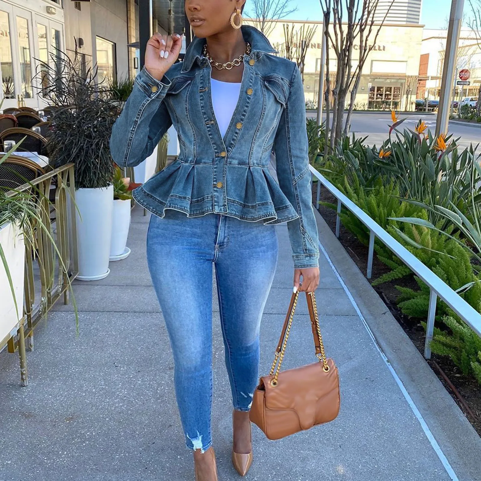 Denim Jacket Ruffle Hem Slim Fit 